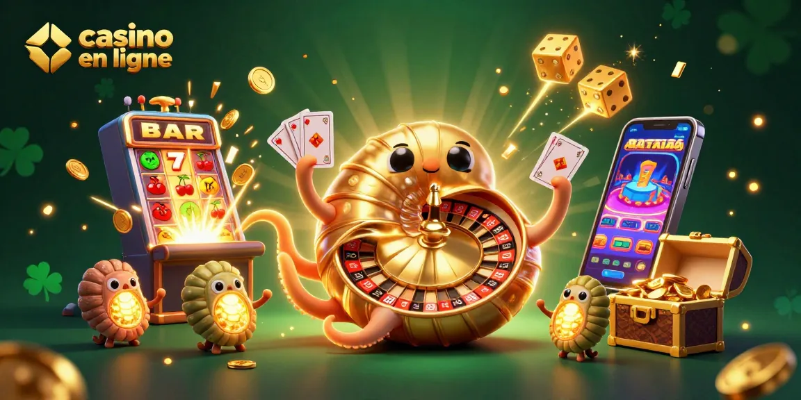 Illustration dynamique de casino en ligne avec un nautilus géant, jeux de cartes et machine à sous.