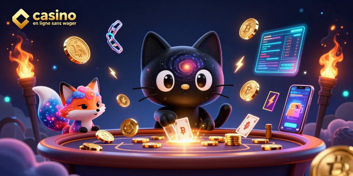 Découvrez un casino en ligne sans wager avec un chat noir cosmique et un renard nébuleux attirant des jetons d'or.