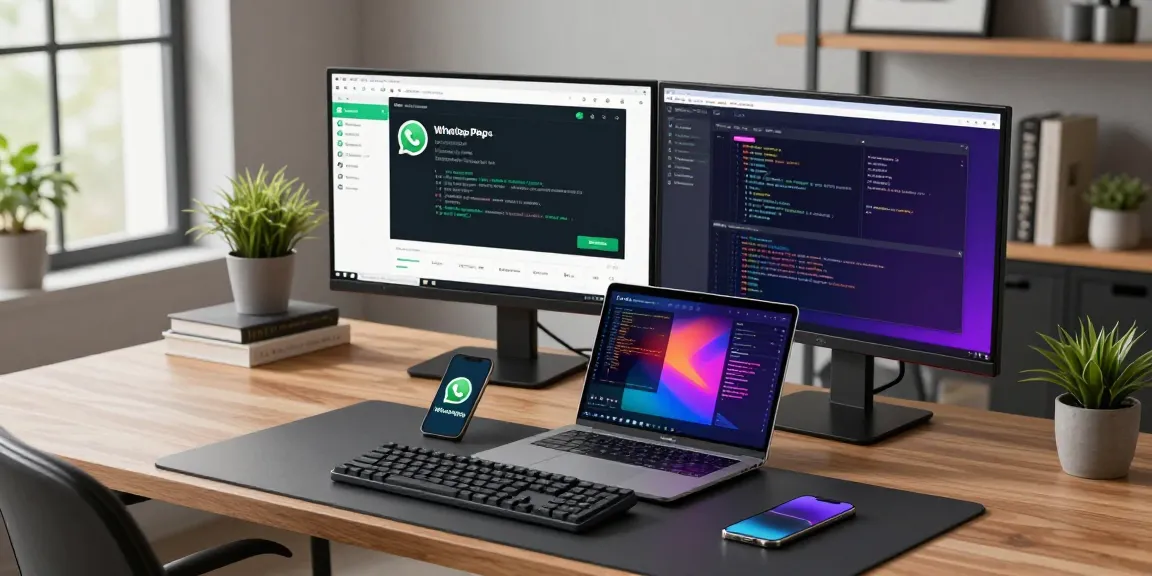 Developer using WhatsApp網頁版 on a modern dual-monitor setup.
