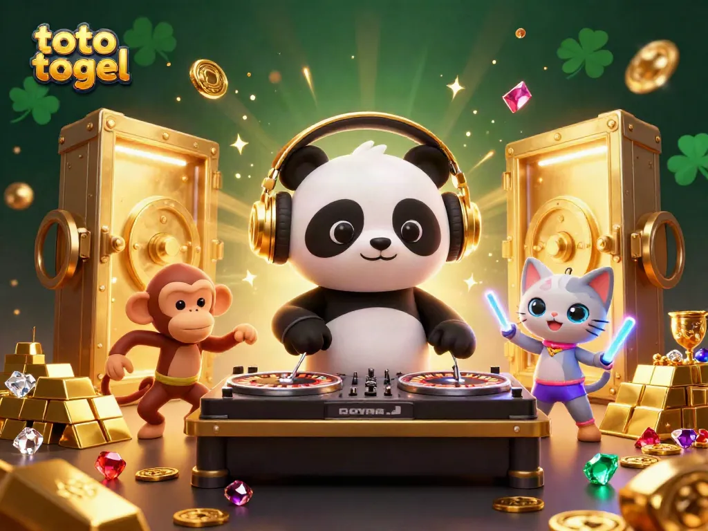 Interactive scene of toto togel featuring a DJ panda, a breakdancing monkey, and rave kitten with vibrant casino elements.