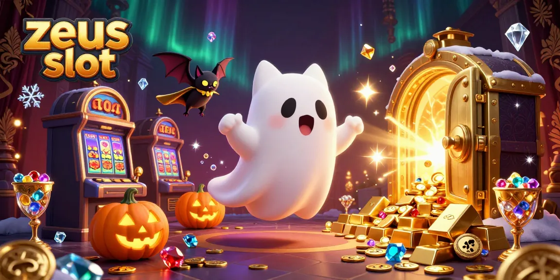 Experience thrilling zeus slot action with a friendly ghost cat and vampire bat in a vibrant casino scene.