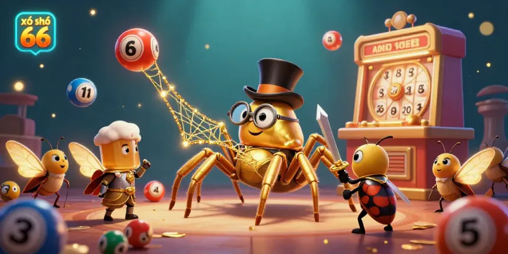 Engage with lottery excitement as xổ số 66 unfolds a vibrant scene featuring lively characters and dynamic lottery elements.