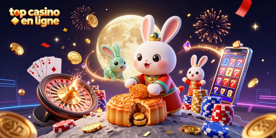 Admirez une scène captivante illustrant un meilleur casino en ligne, avec un lapin de lune trad. chinois, des jetons de poker et des feux d'artifice.
