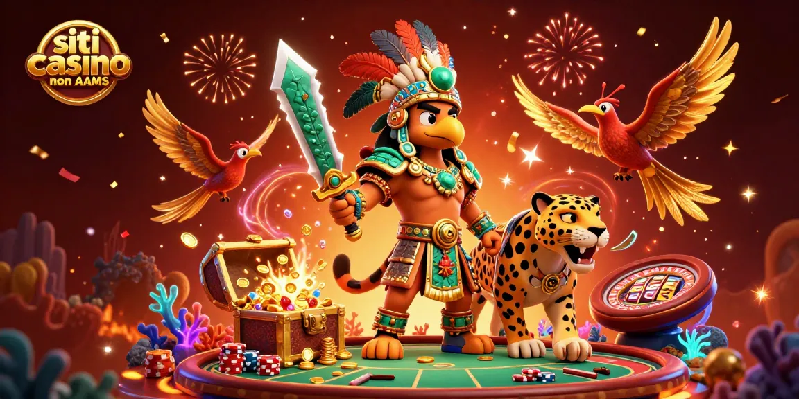 Siti casino non AAMS: Un'illustrazione dinamica di guerrieri aztechi e elementi di gioco d'azzardo.
