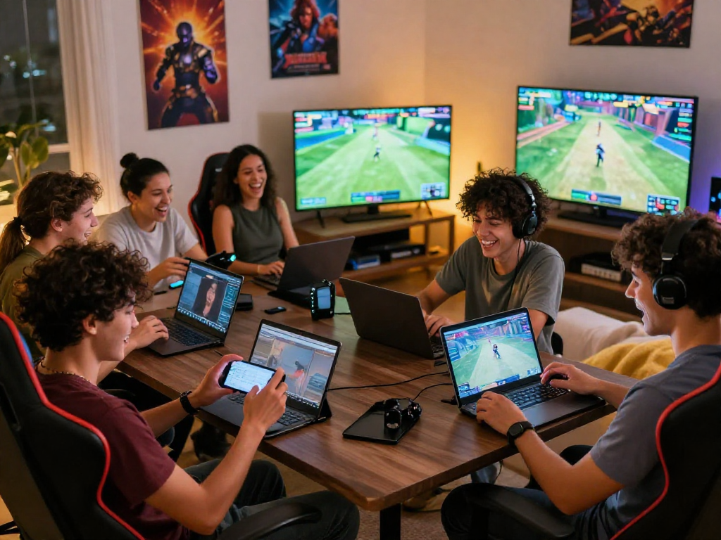 Engaged adults enjoying a variety of porngames on laptops and mobile devices in a cozy living room.