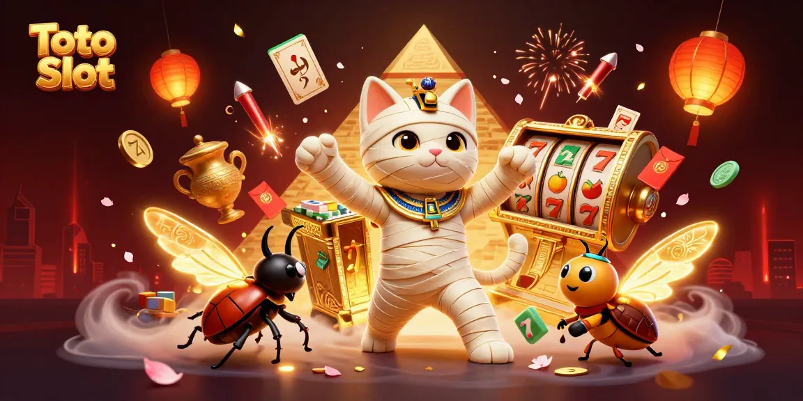 Permainan Toto Slot yang menarik dengan kucing mumi dan simbol kasino yang penuh warna, menggairahkan para petaruh.