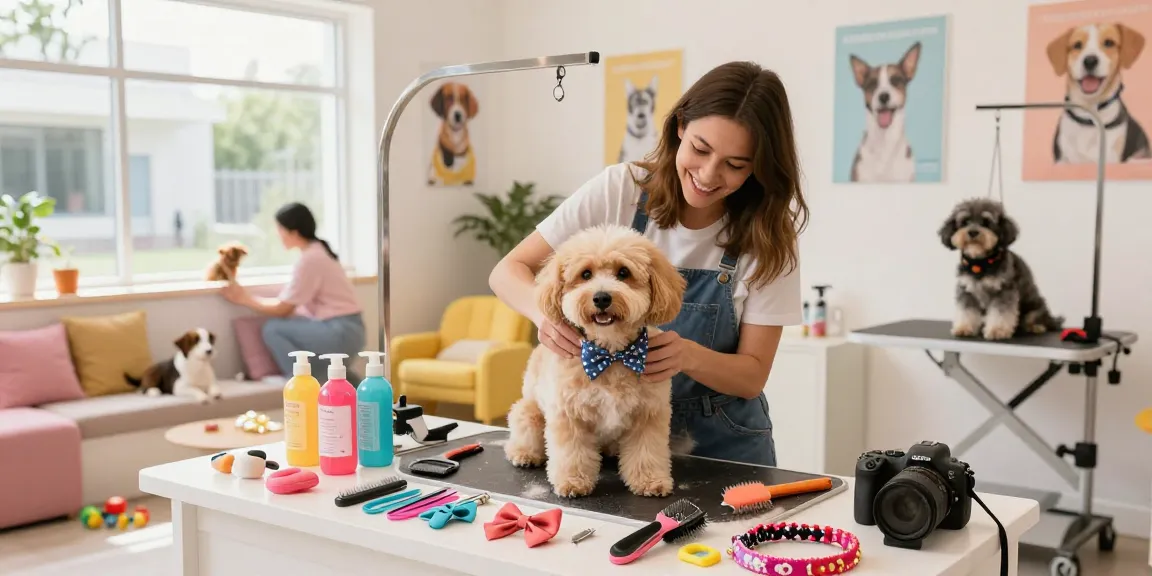 Pet grooming studio showcasing NAGA2000 dog styling with vibrant tools and playful atmosphere.