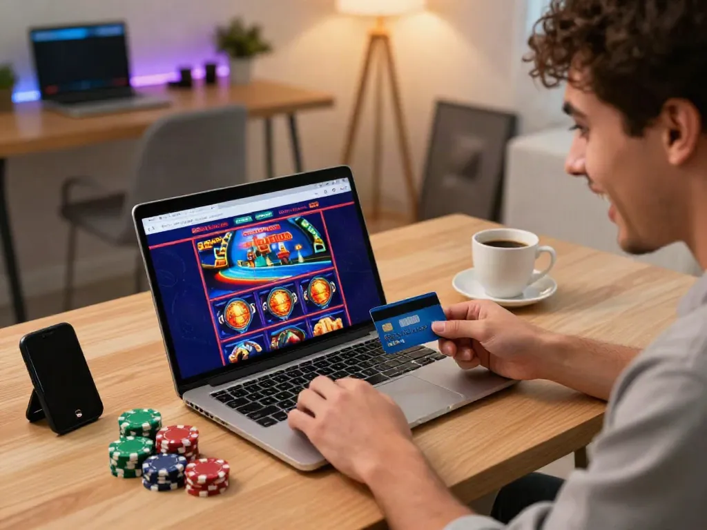 Player using credit card at online casino, showcasing excitement in modern home office.