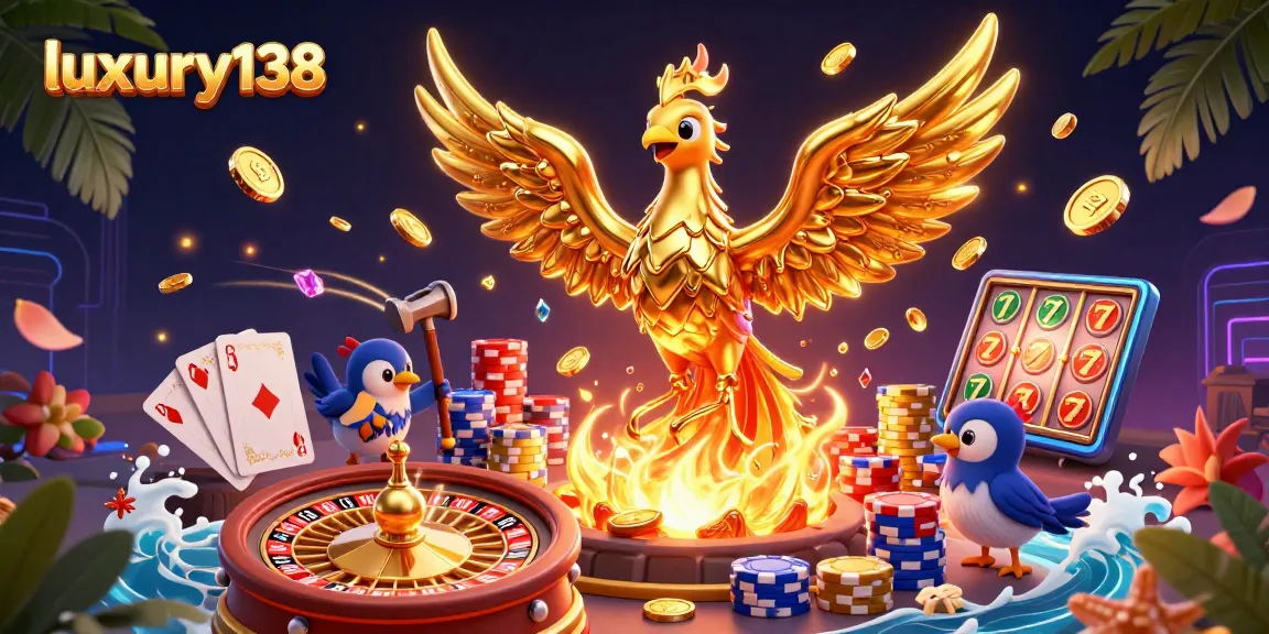 Play at luxury138 and win with vibrant 3D casino art featuring a golden phoenix and dynamic gambling elements.