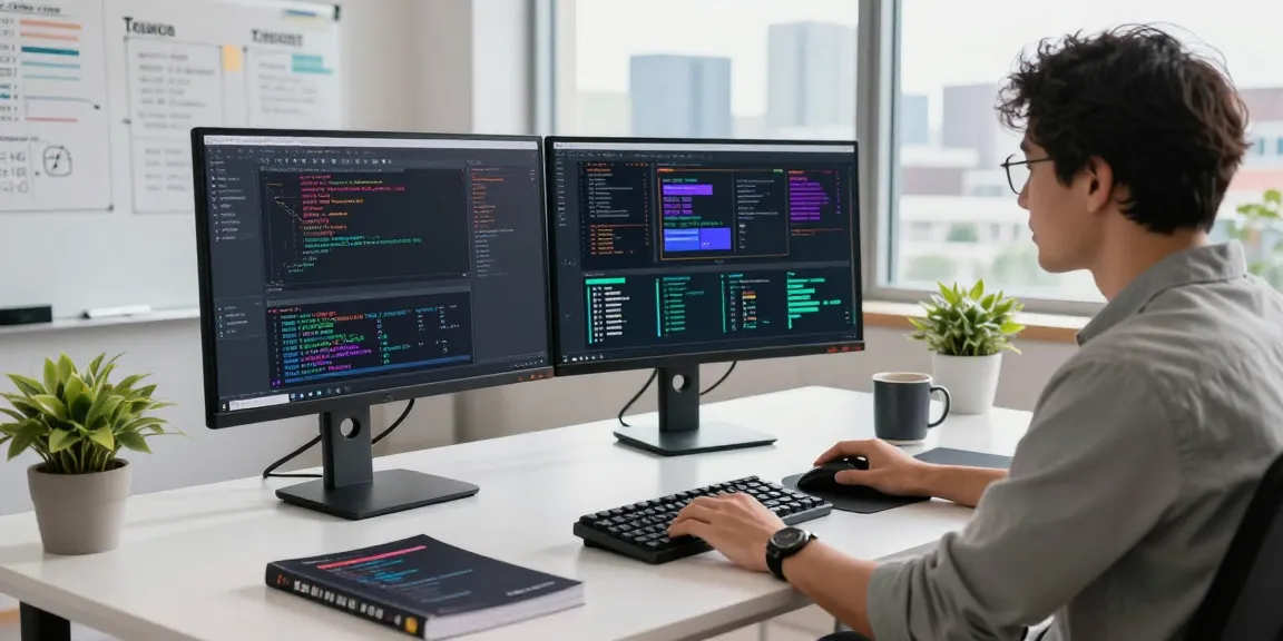 Software developer working at telegraimin.com in a modern tech office