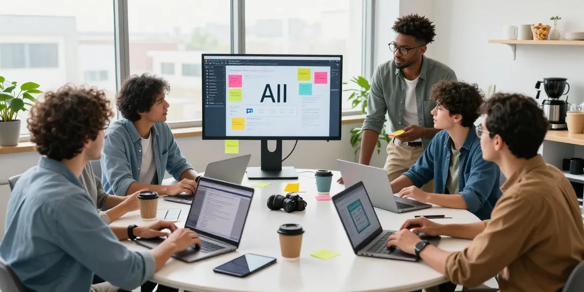 Diverse professionals collaborating on innovative projects using the best AI tools in a modern office environment.