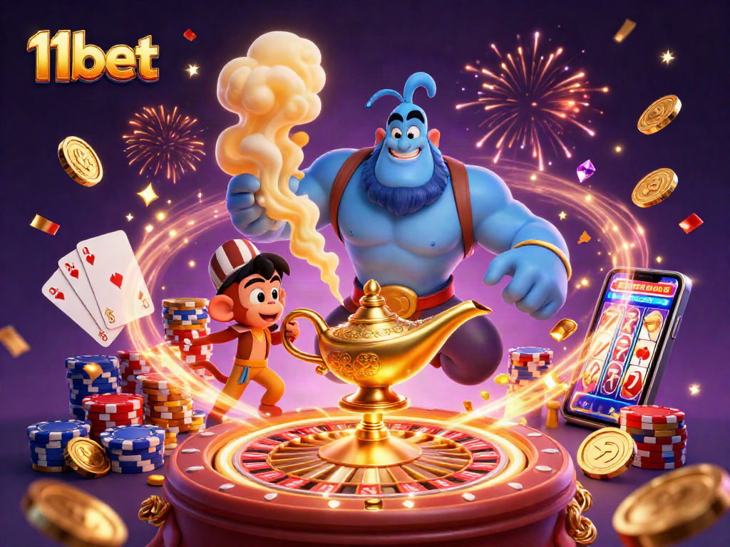 Experience thrilling wins with 11bet in an enchanting casino adventure featuring a magical genie.
