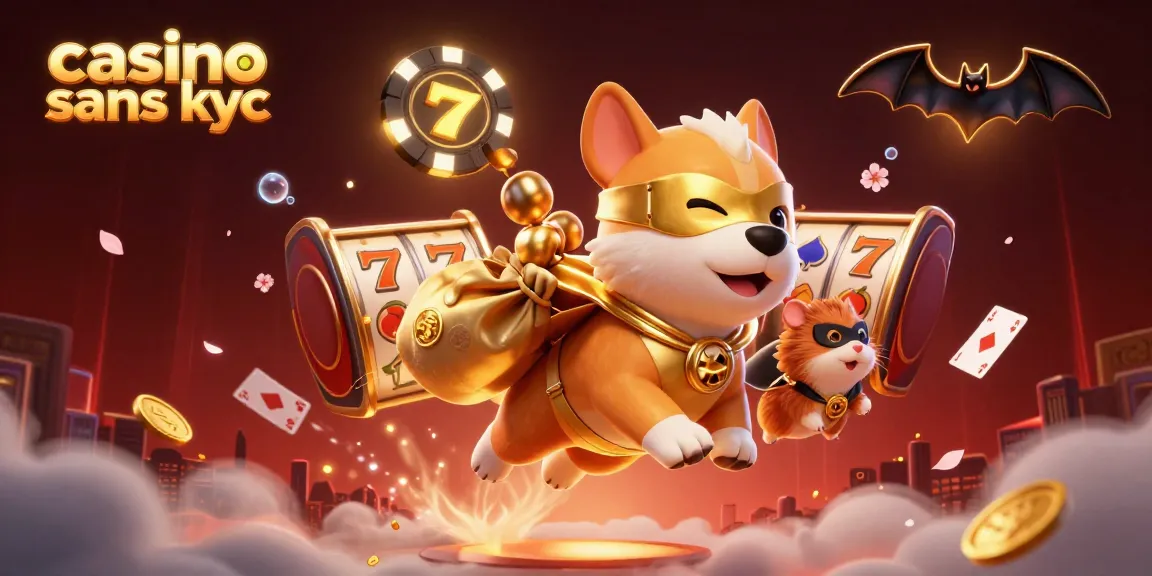 Jouez dans un casino sans KYC avec un chien super-héros apportant des pièces d'or et des symboles de poker.