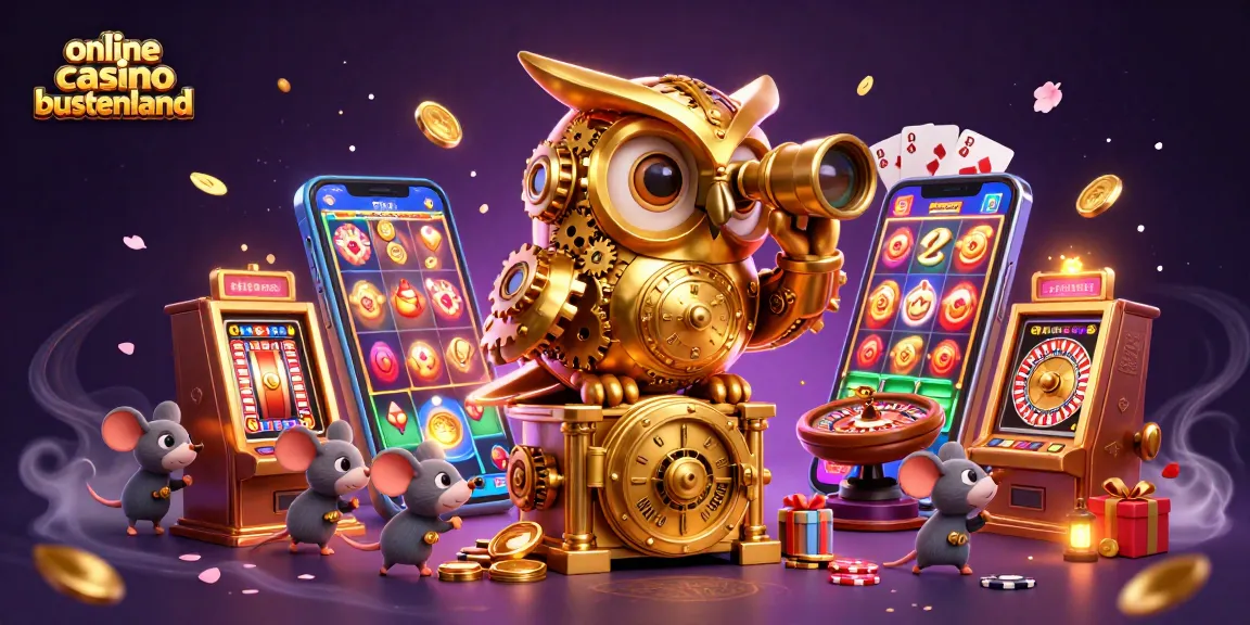 Experience excitement at online casino buitenland with a lively scene of a golden owl and animated patrons amid gaming elements.