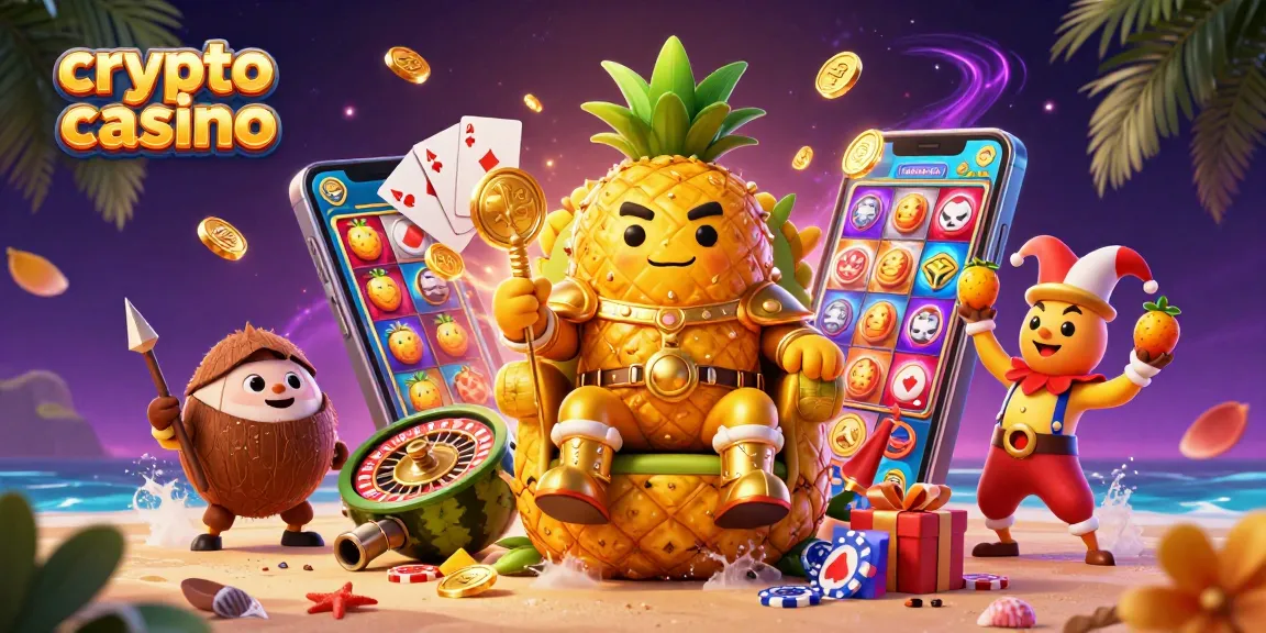 Expérimentez un casino crypto vibrant avec un roi ananas et ses gardes, entourés de jeux palpitants.