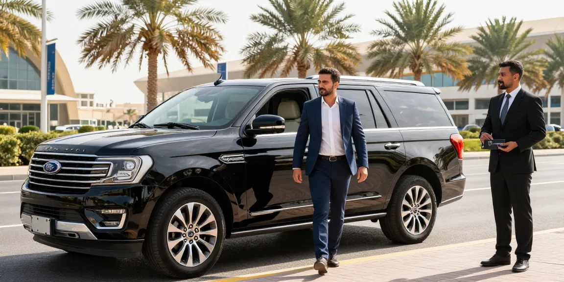 Luxury airport pickup dubai with a professional chauffeur and stylish Ford Expedition at Dubai International Airport.