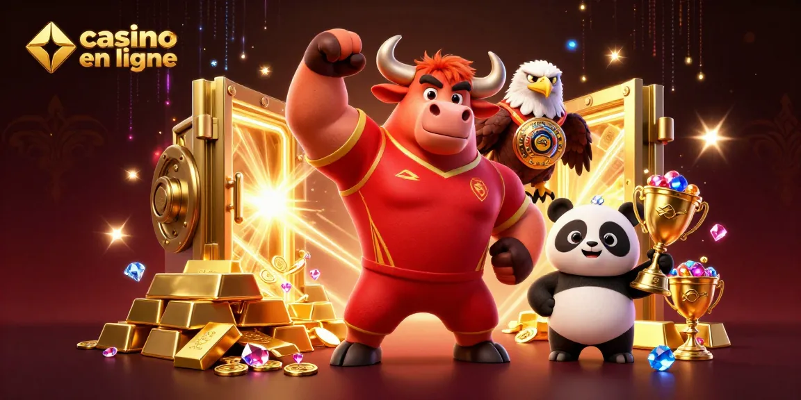 Participez à l'excitation au casino en ligne avec une mascotte taureau en 3D, un aigle et un panda parmi des trésors dorés.