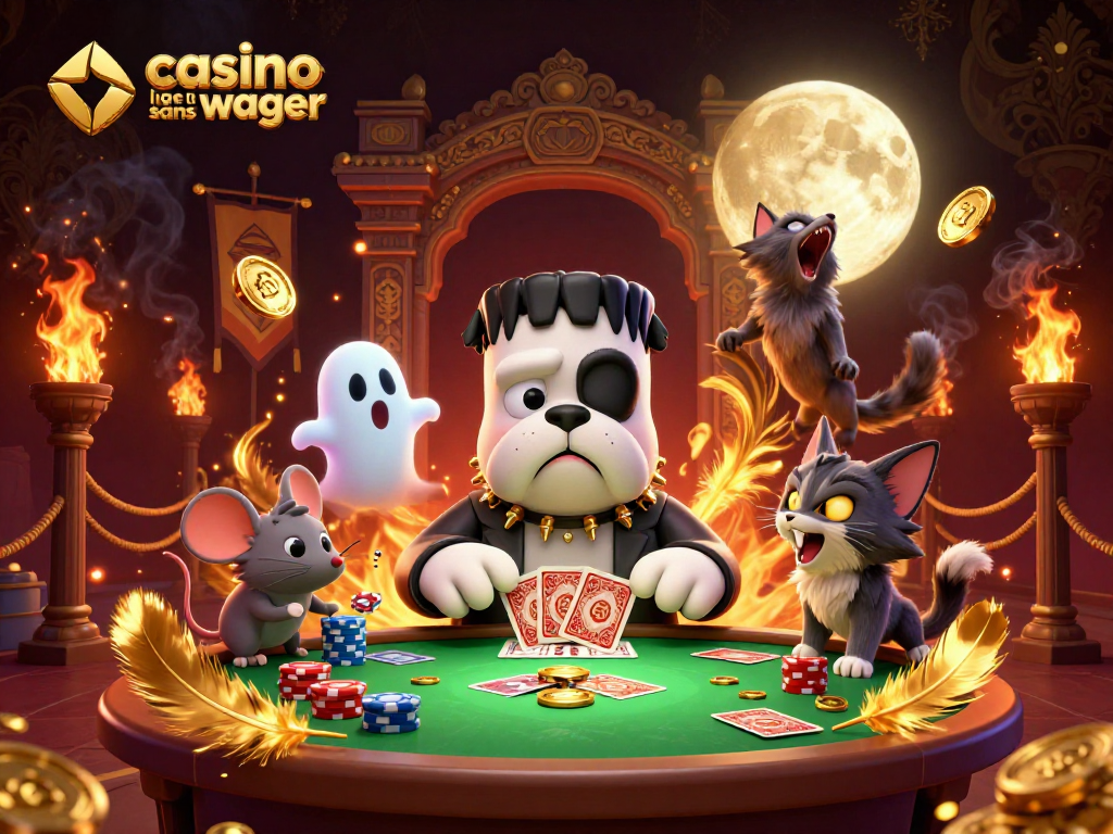 Jouez au casino en ligne sans wager avec ce bulldog Frankenstein dealers de cartes à une table effrayante.
