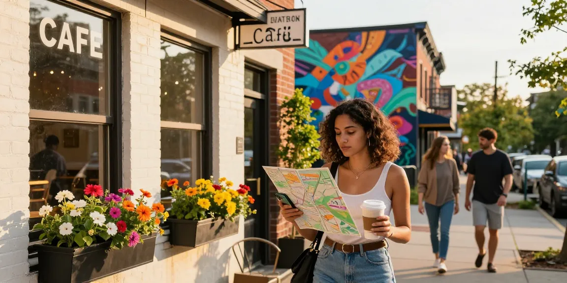 Neighborhood scene with David Vepraskas Atlanta, woman exploring local café with vibrant murals.