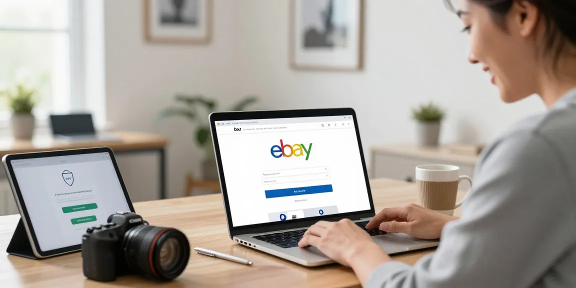 Customer exploring an ebay account for sale with secure digital elements in a bright home office.