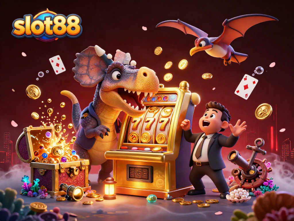 slot88 jackpot excitement captured with cartoon dinosaurs and dynamic casino elements.