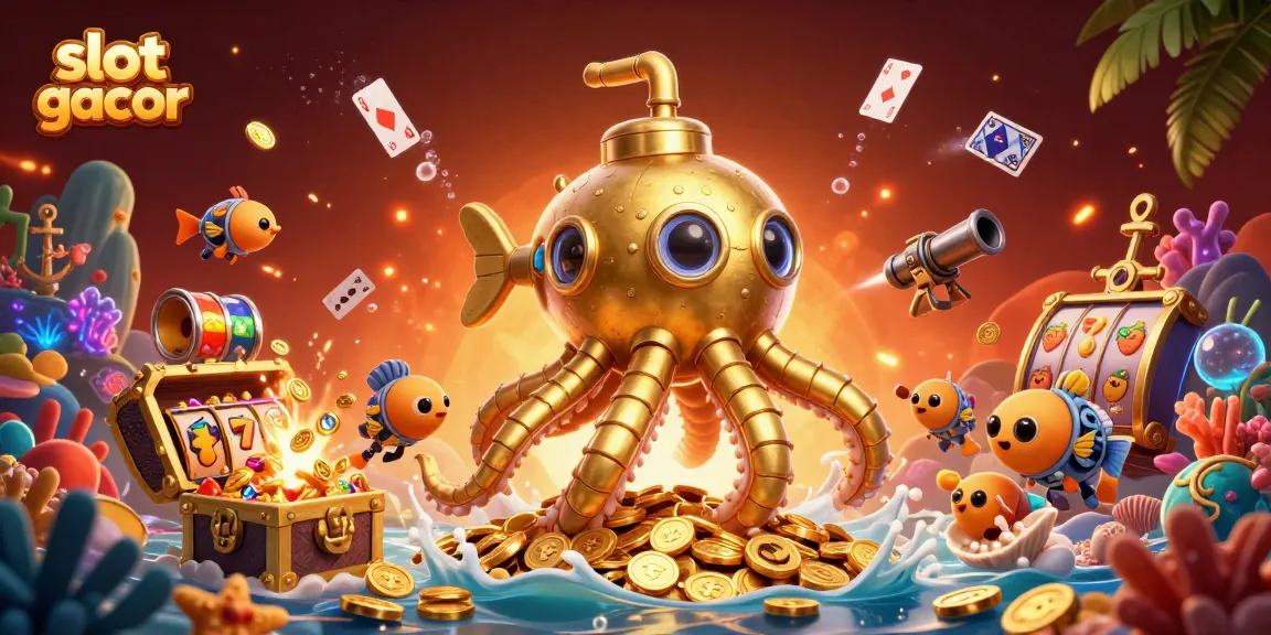 Experience thrilling wins with slot gacor among a vibrant treasure-filled underwater scene.