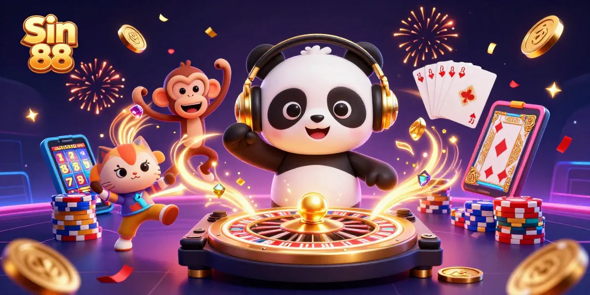 Experience vibrant gaming excitement with Sin 88 as the DJ panda and friends party amid casino elements.