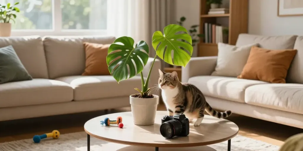 Playful cat exploring Monstera plants and cats in a cozy living room setting with vibrant decor and natural light.