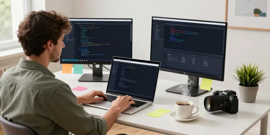 Developer coding Android apps on h5.2113.net in a modern workspace.