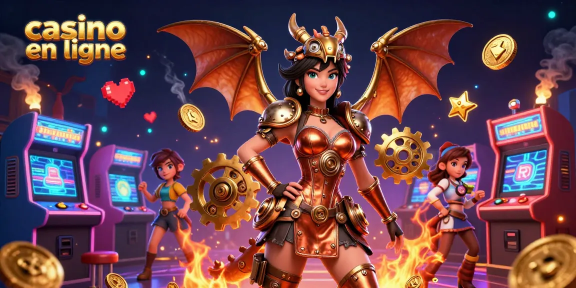 Découvrez l'excitation du casino en ligne avec une illustration vibrante mettant en scène des jeux dynamiques et des éléments de fantaisie.