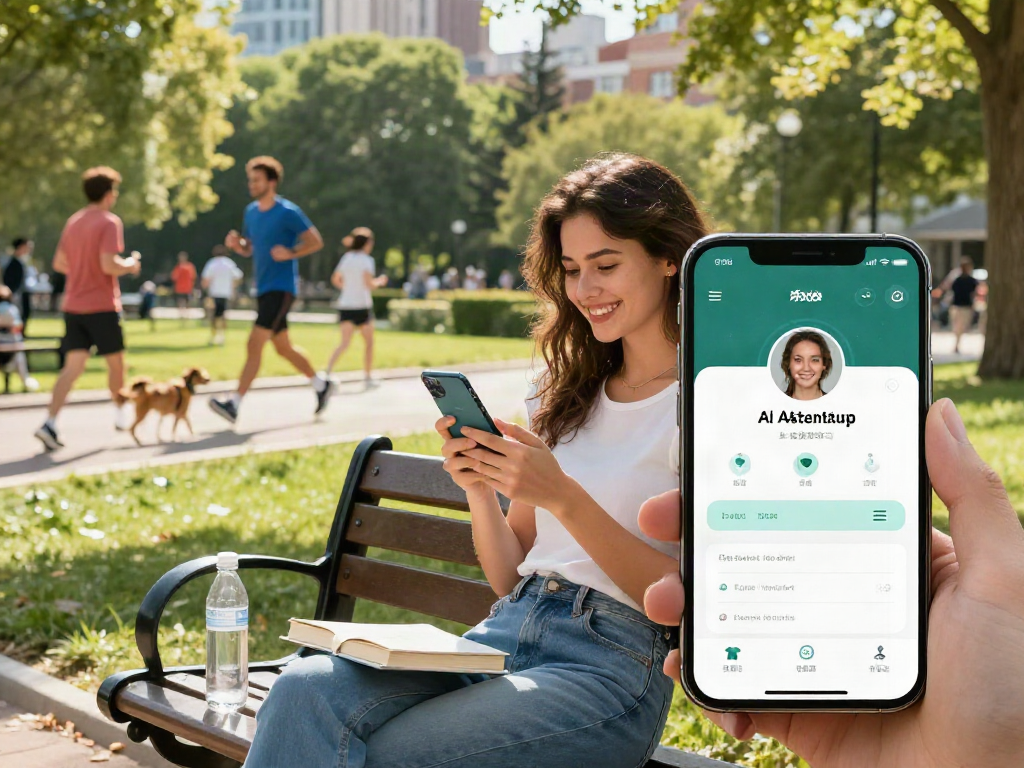 Young woman exploring how old do I look with an AI app in a park.