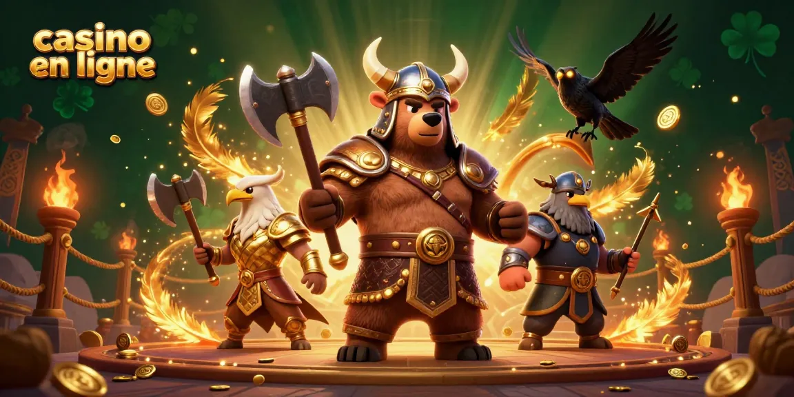 Gagnez au casino en ligne avec un ours viking et un aigle valkyrie dans une illustration 3D vibrante.