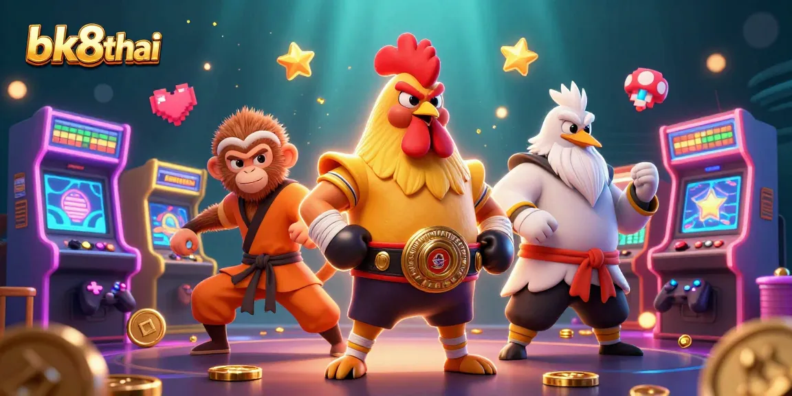 Engage with bk8thai's vibrant casino illustration featuring dynamic gambling characters and arcade game elements.