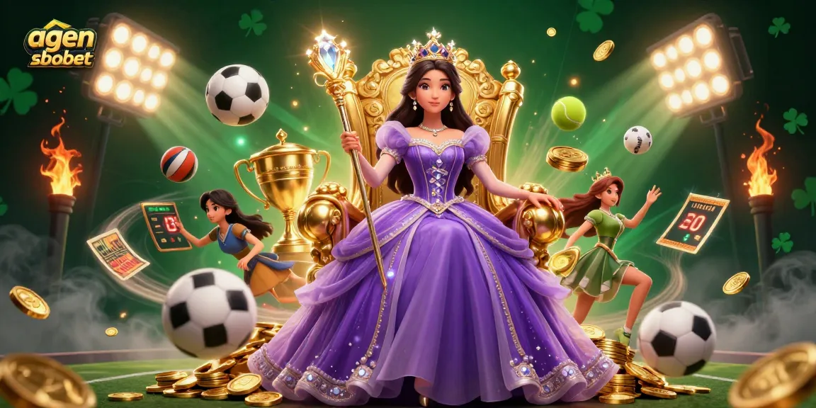 Engage in sports betting at agen sbobet with a stunning illustration of a regal princess surrounded by dynamic sports elements.