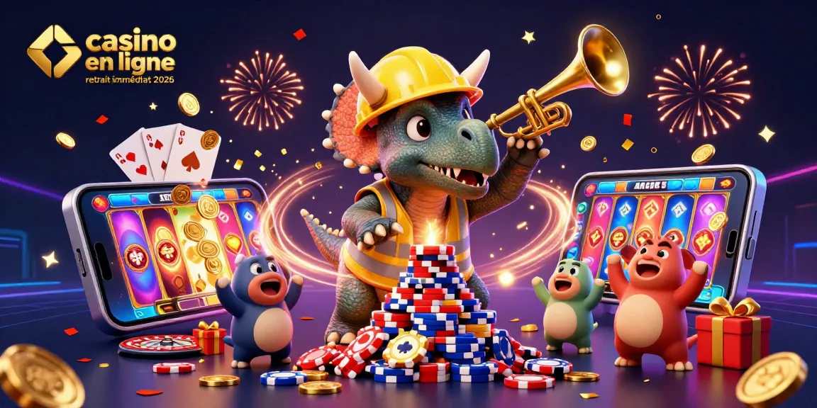 Illustration d'un casino en ligne retrait immédiat 2026 avec un tricératops en construction et une célébration festive.