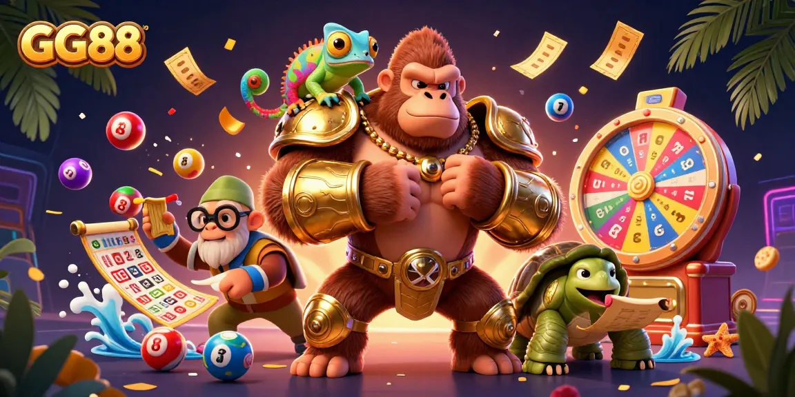 Experience exciting gambling action at GG88 with colorful games and dynamic characters in a vibrant casino illustration.