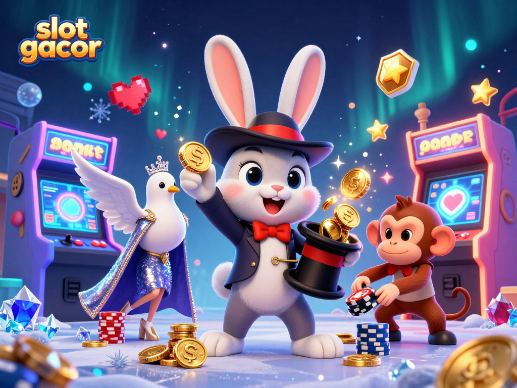 Menang di slot gacor dengan ilustrasi 3D kartun sulap mengagumkan dan beragam elemen permainan kasino.