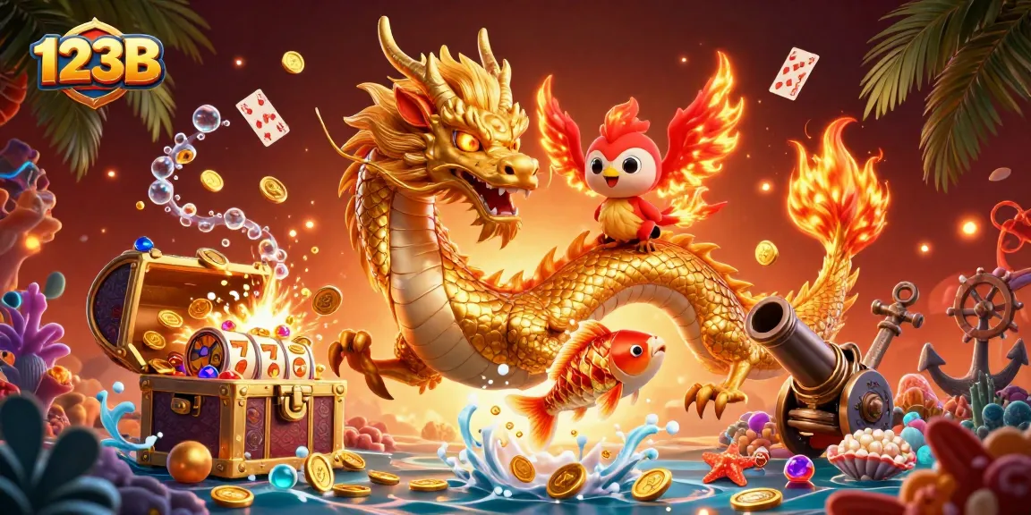 Win big at 123B with an enchanting scene featuring a golden dragon, phoenix, and koi fish amidst riches and vibrant gaming elements.