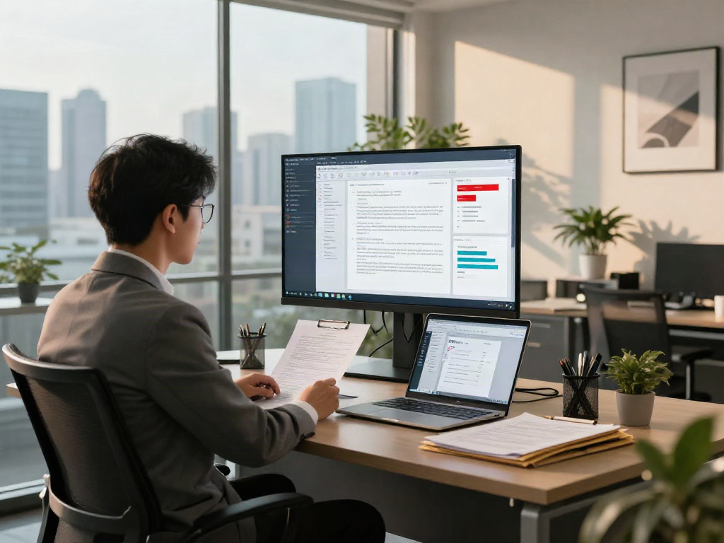 Analyzing a document fraud detection solution with visual data insights in a modern office.