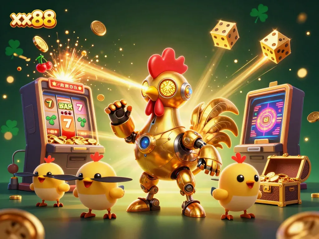 Experience the thrill of xx88 with a vibrant scene featuring a golden rooster robot amidst a jackpot explosion