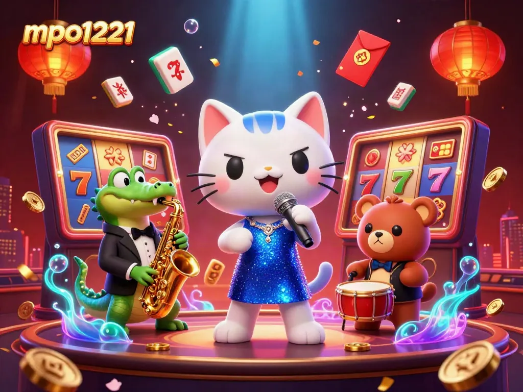 Experience excitement with mpo1221 as characters revel in casino games amidst vibrant symbols and festive décor