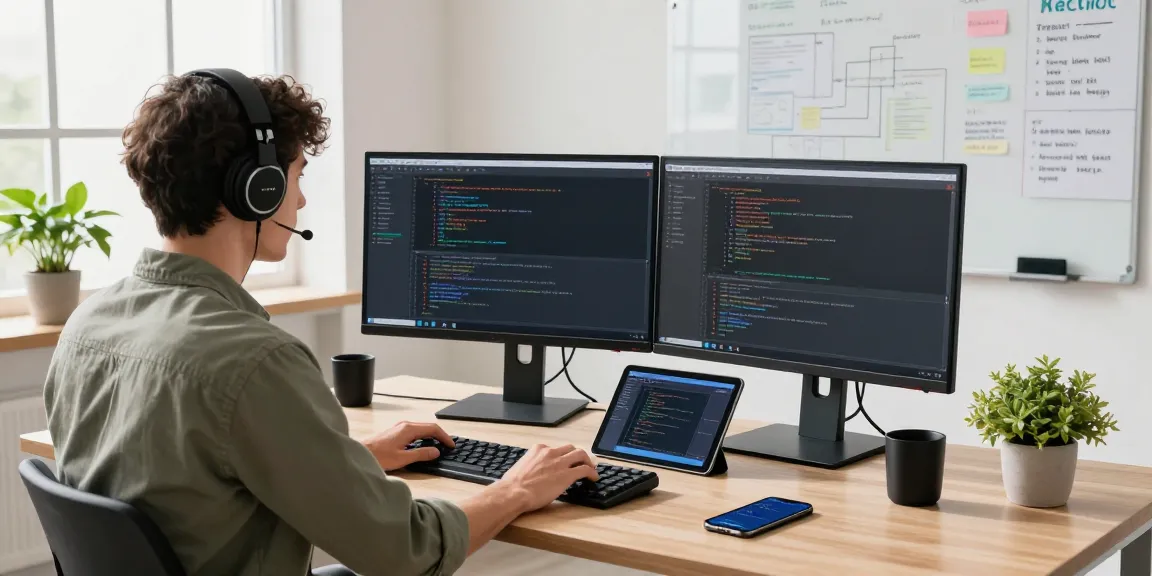Professional workspace featuring a developer coding, showcasing the 纸飞机中文版 interface on monitors with tech gadgets around.