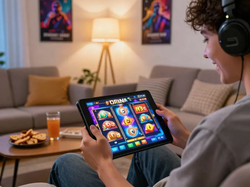 Player enjoying engaging slot gacor games in a cozy living room setting with digital graphics.