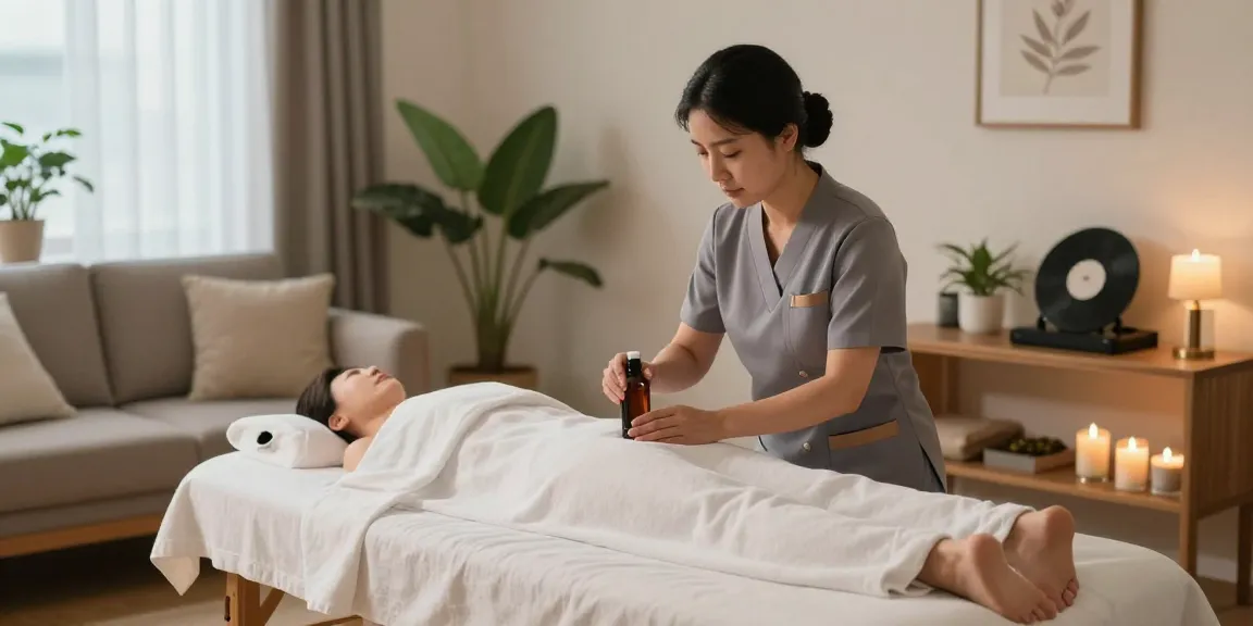 성남출장안마 전문 한국인 관리사가 편안한 공간에서 마사지를 준비하고 있습니다.