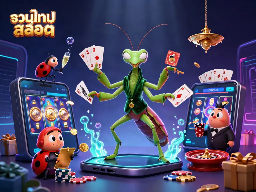 Experience the thrill of รวมเกมสล็อต with a giant praying mantis card shark, ladybug pit boss, and lively casino elements.