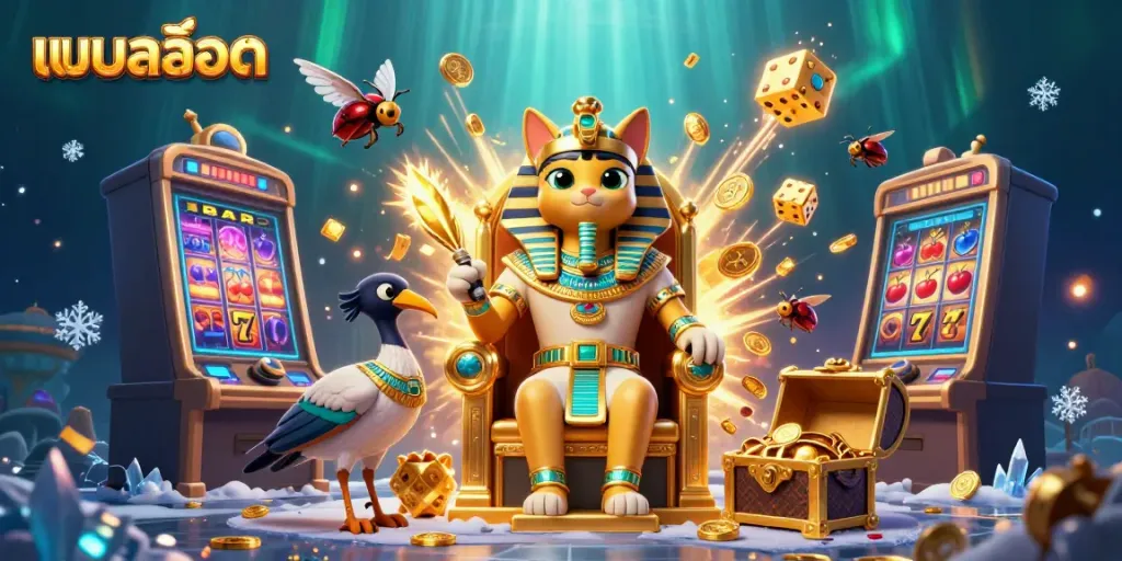 Experience แบบสล็อต with a vibrant 3D casino scene showcasing an Egyptian pharaoh cat and dynamic slot machines.