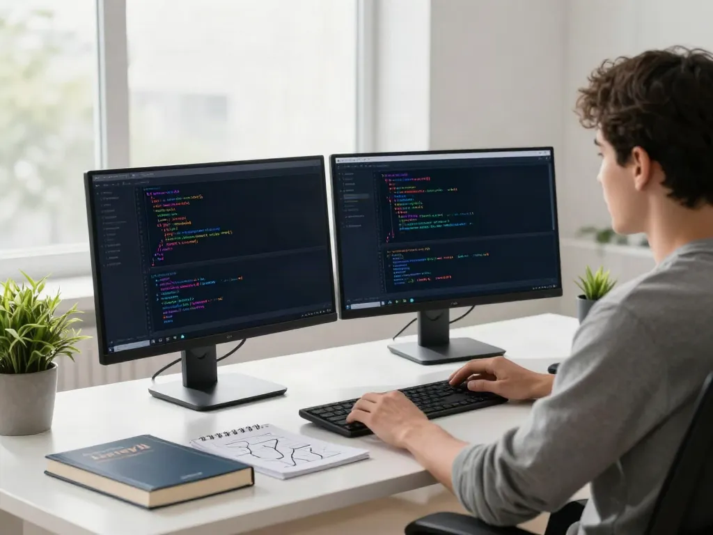 Developer using v2rayN官网 in a modern office filled with tech resources and natural light.