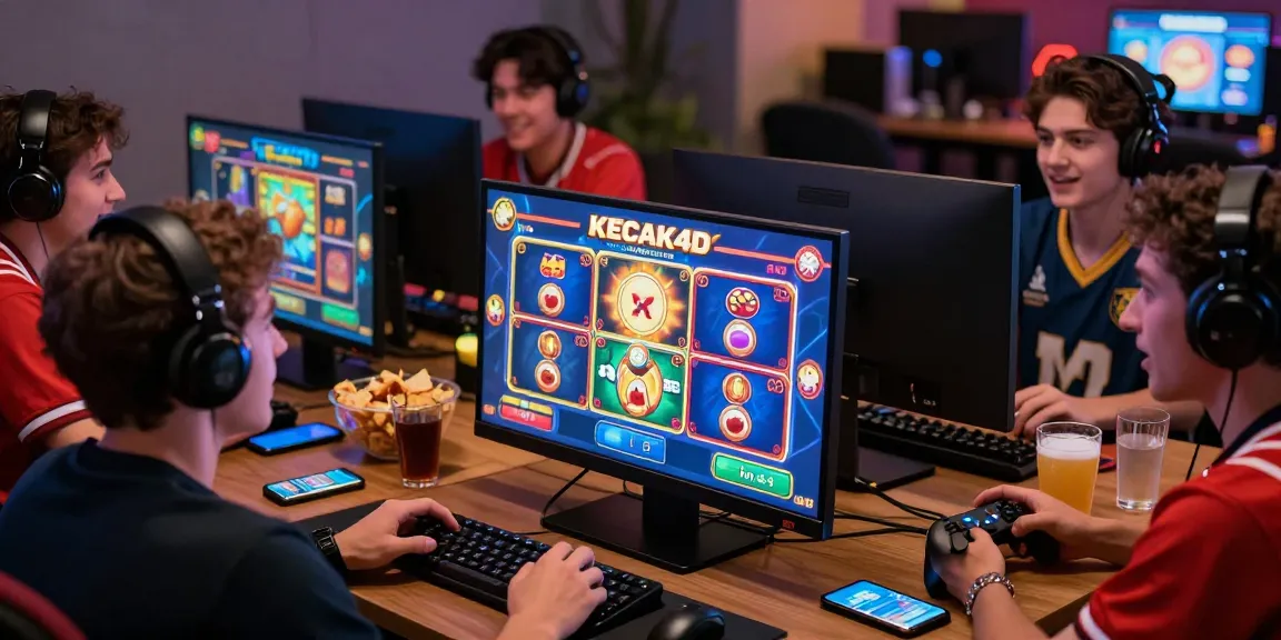 Interactive gameplay experience on KECAK4D with friends enjoying 4D slots, colorful graphics, and snacks around.