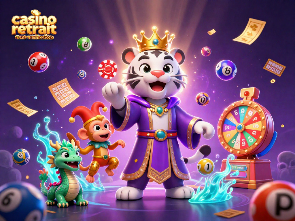 Illustration dynamique sur un casino retrait sans vérification avec un tigre, un singe jongleur et un dragon jade.