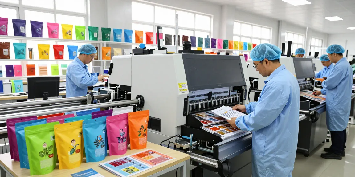 Custom flat bottom bags being produced in a vibrant manufacturing facility, showcasing innovation and quality.